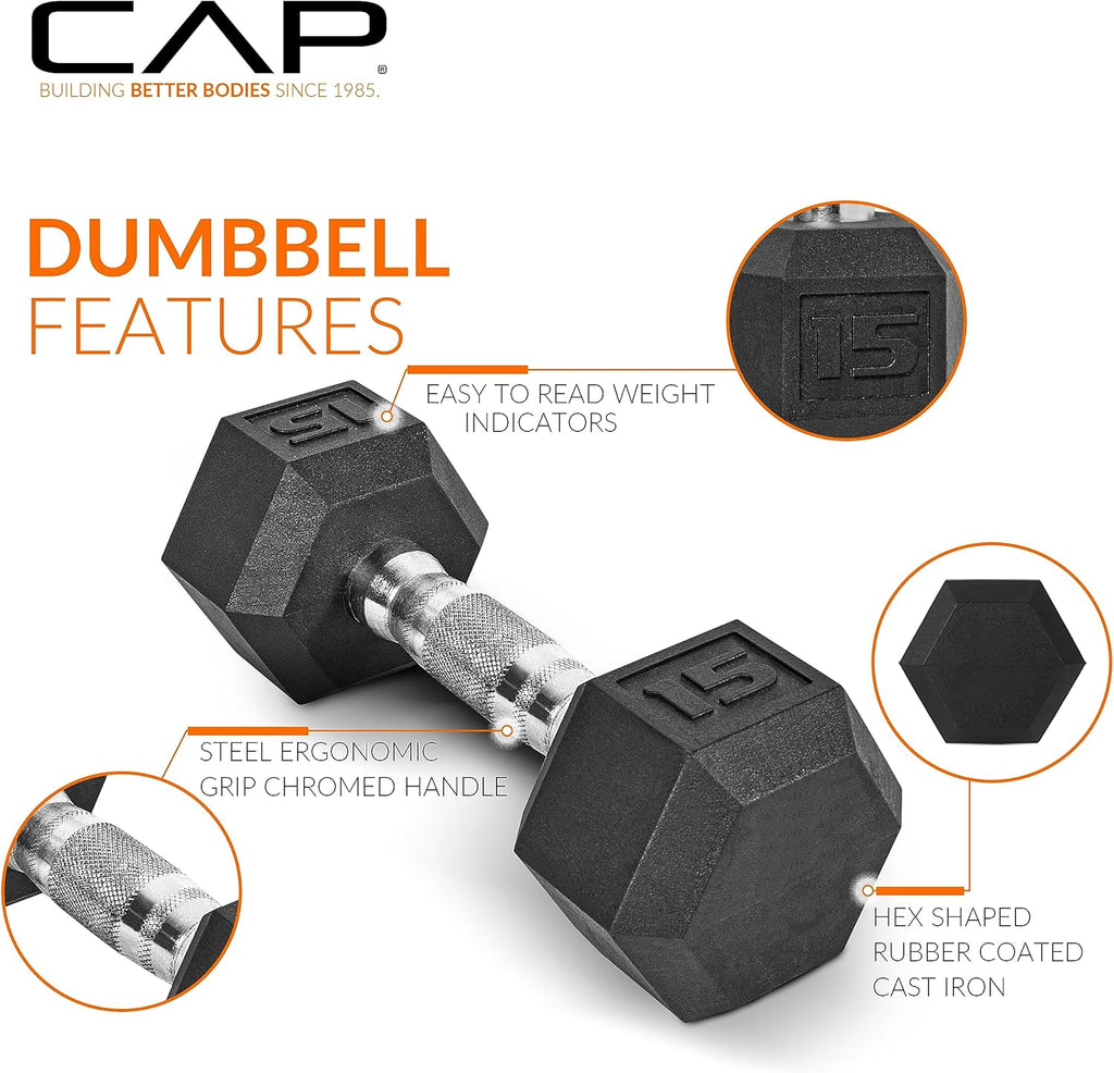 CAP Rubber Coated Hex Dumbbell Set with Storage Rack | 100–210 lb Options, Space-Saving Vertical Compact Storage for Home Gym Strength Training