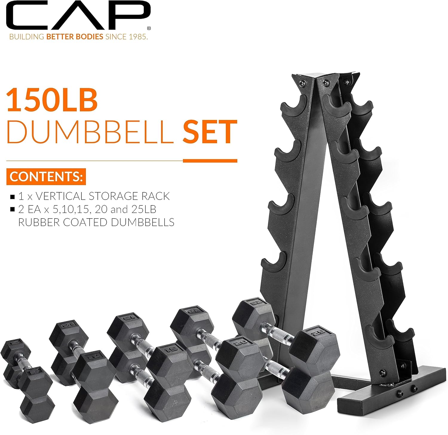 CAP Rubber Coated Hex Dumbbell Set with Storage Rack | 100–210 lb Options, Space-Saving Vertical Compact Storage for Home Gym Strength Training